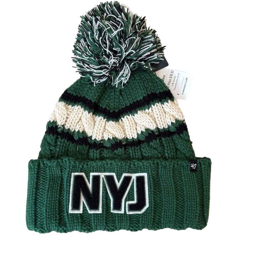 '47 Brand Beanie Women Green New York Jets NWT Cable Knit Pom SIZE OS